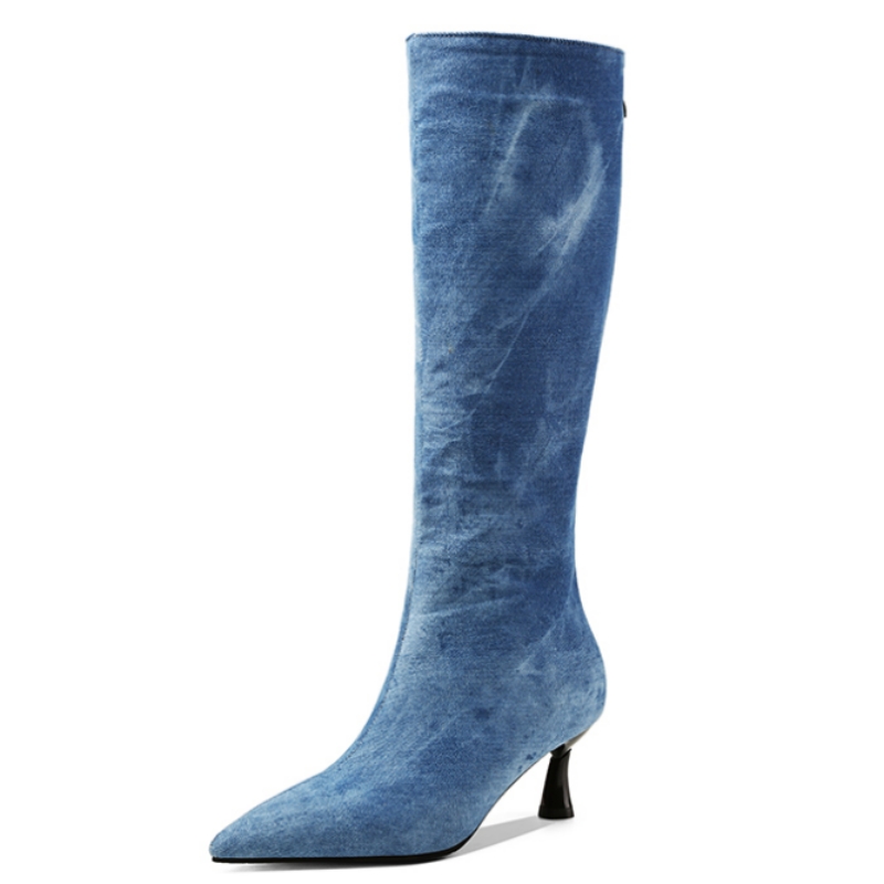 Women Shoes Jeans - Jeans blu Stivali alti al ginocchio
