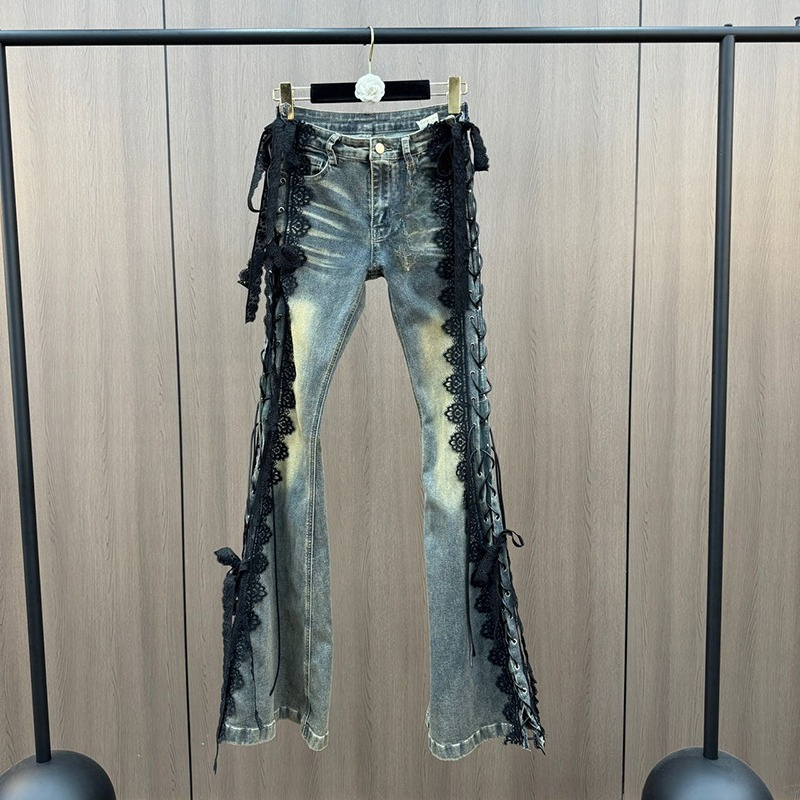 Women Shoes Jeans - Jeans svasati con lacci Moustache in