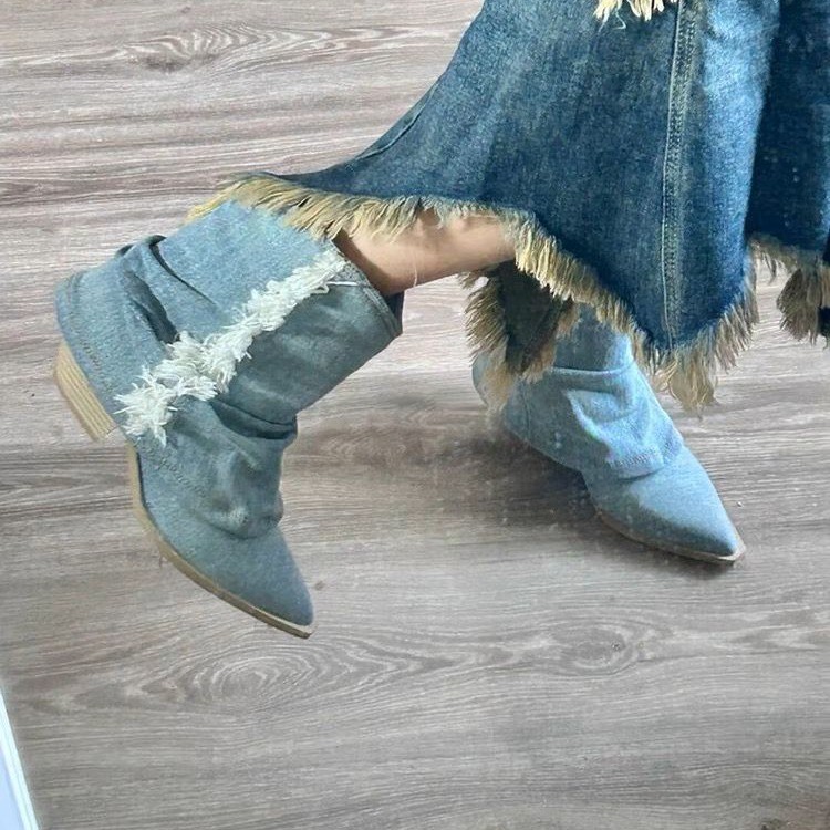 Women Shoes Jeans - Stivaletti in Denim pieghettato donna 2023