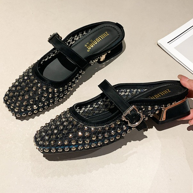 Women Shoes Mules - Pantofole con tacco grosso con strass